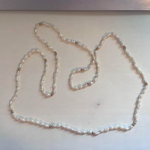 14KT Gold Ball Beaded Freshwater Rice Pearl Necklace - Picture 1 of 4